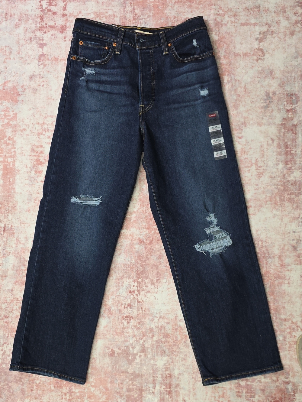 NWT Ribcage- Levi's Premium Straight Ankle Jeans Dark Wash Distressed 28x27